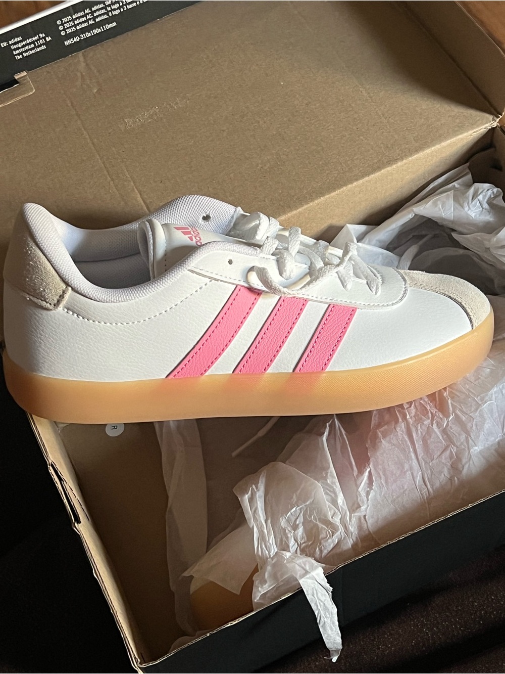 adidas White Sneakers with Pink Stripes and Peach Gum Sole